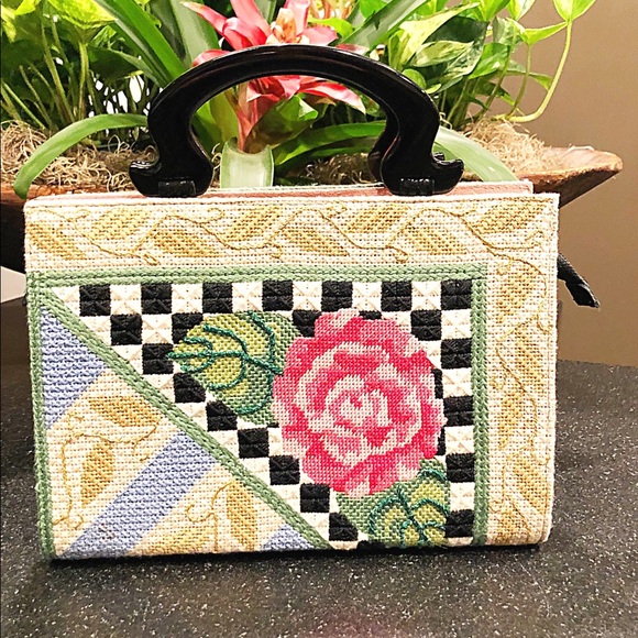 Modern Floral & Geometric Needlepointed Tote, Suede Lining, Leather Gussets - Picture 2 of 7